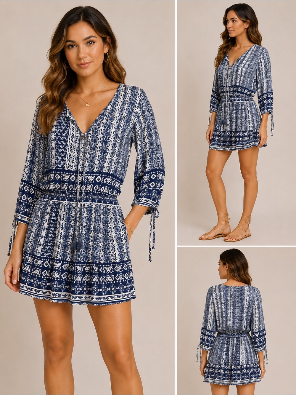 Green Dragon Navy & White Printed V-Neck Swim Coverup Romper